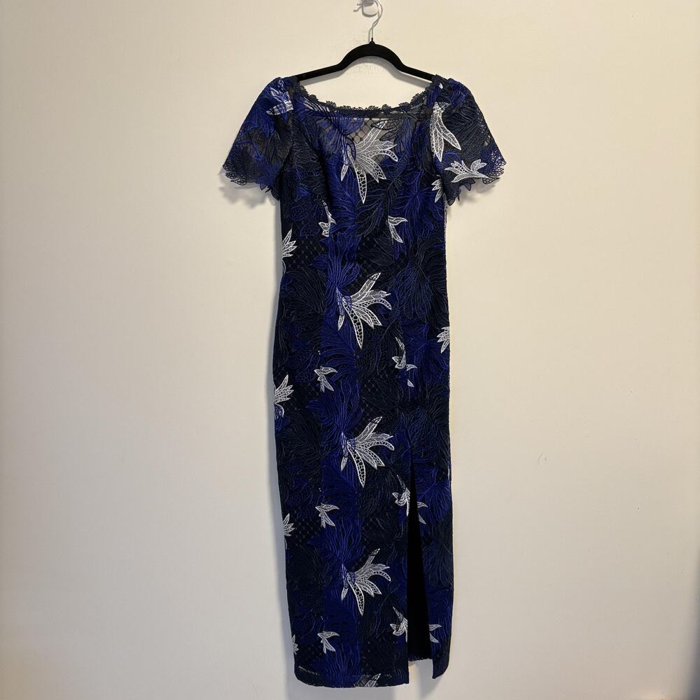 Marchesa Notte Dress Womens Size 2 Blue Floral Lace Embroidered Formal Sheath